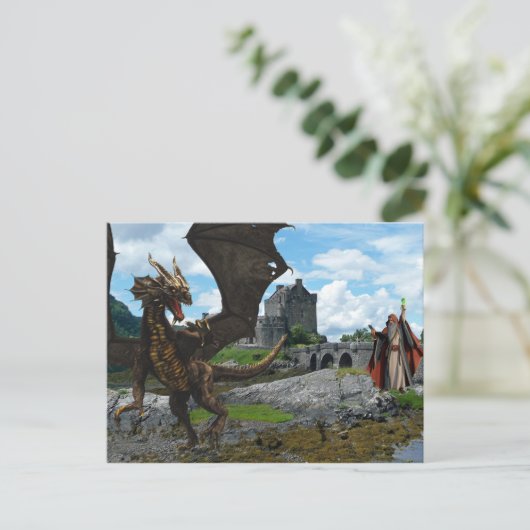 Mystieke tovenaar en Dragon Castle Landschap Briefkaart (Staand voorkant)