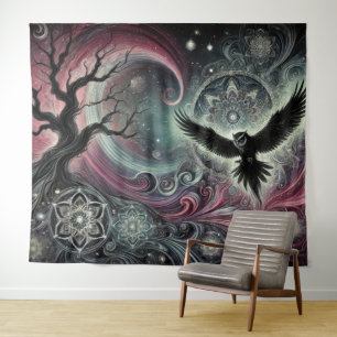 Mystieke Uil Kosmische Nacht Mandala's Wervelende Wandkleed