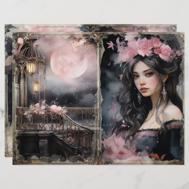 Mystieke Victoriaans Dame Roze Junk Journal Page (Voorkant / Achterkant)