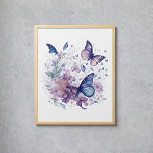 Mystieke vlinders Waterverf Paarse blauw ventilato Poster