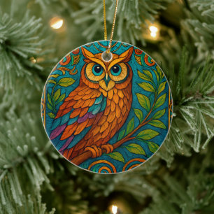 Mystieke volks kunst uil illustratie – Boho vintag Keramisch Ornament