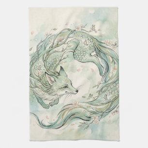 Mystieke Vos Draak Waterverf Kunst (1) Theedoek