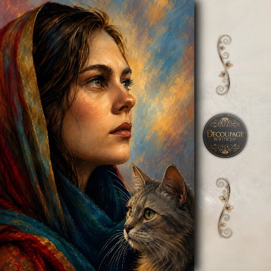 Mystieke vrouw en kat decoupage tissuepapier