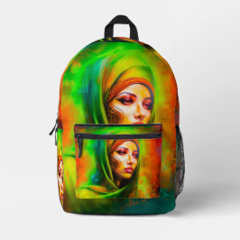 Mystieke vrouw in neonkleuren bedrukte rugzak