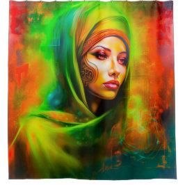 Mystieke vrouw in neonkleuren douchegordijn