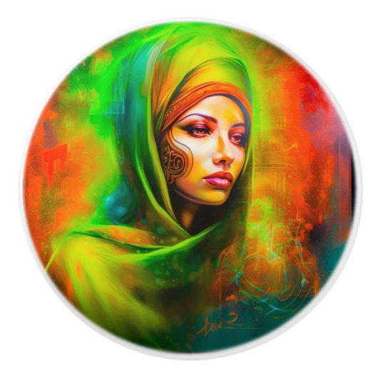 Mystieke vrouw in neonkleuren keramische knop (Voorkant)