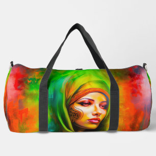 Mystieke vrouw in neonkleuren plunjezak