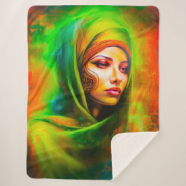 Mystieke vrouw in neonkleuren sherpa deken