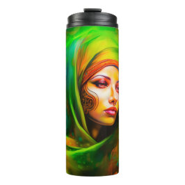 Mystieke vrouw in neonkleuren thermosbeker