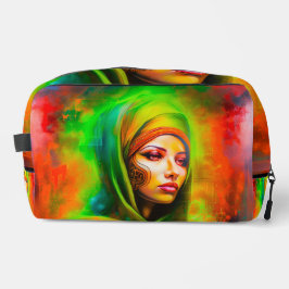 Mystieke vrouw in neonkleuren toilettasje