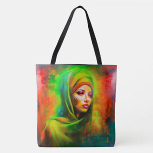 Mystieke vrouw in neonkleuren tote bag