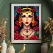 Mystieke vrouw met blauwe ogen en rode rozen poster