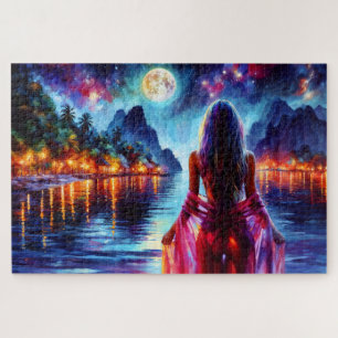 Mystieke vrouw onder volle maan reflecties kunst legpuzzel
