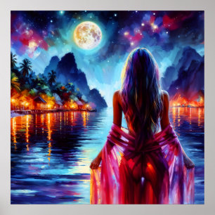 Mystieke vrouw onder volle maan reflecties kunst poster