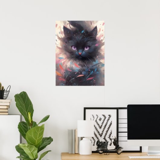 Mystieke Waterverf Black Cat | Schattigee kat Poster (Thuiskantoor)