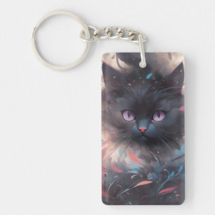 Mystieke Waterverf Black Cat   Schattigee kat Sleutelhanger