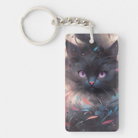 Mystieke Waterverf Black Cat | Schattigee kat Sleutelhanger (Voorkant)