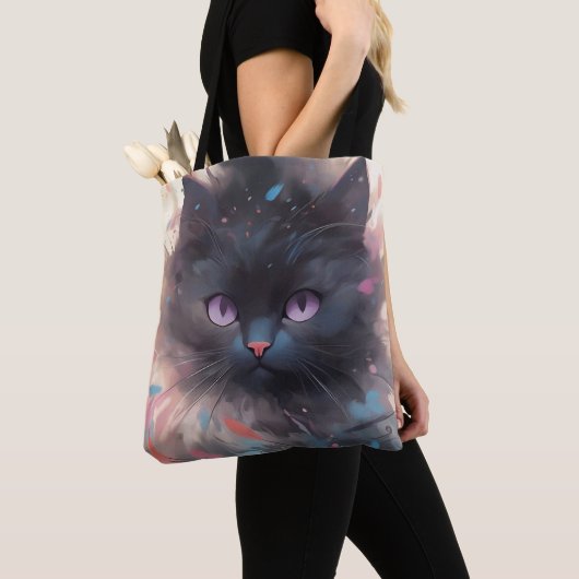 Mystieke Waterverf Black Cat | Schattigee kat Tote Bag (Dichtbij)