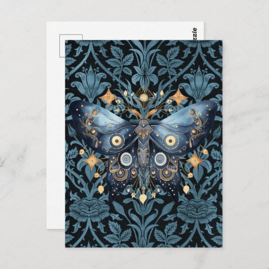 Mystieke Waterverf Blauwe en Gouden Nachtmot Briefkaart (Voorkant / Achterkant)
