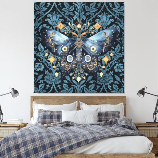 Mystieke Waterverf Blauwe en Gouden Nachtmot Canvas Afdruk (Insitu (Slaapkamer))