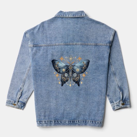 Mystieke Waterverf Blauwe en Gouden Nachtmot Denim Jacket (Achterkant)