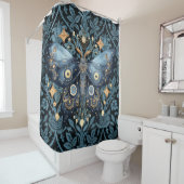 Mystieke Waterverf Blauwe en Gouden Nachtmot Douchegordijn (In situ)