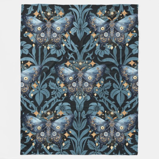 Mystieke Waterverf Blauwe en Gouden Nachtmot Fleece Deken (Voorkant)