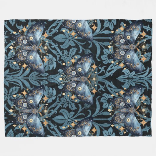 Mystieke Waterverf Blauwe en Gouden Nachtmot Fleece Deken (Voorkant (Horizontaal))