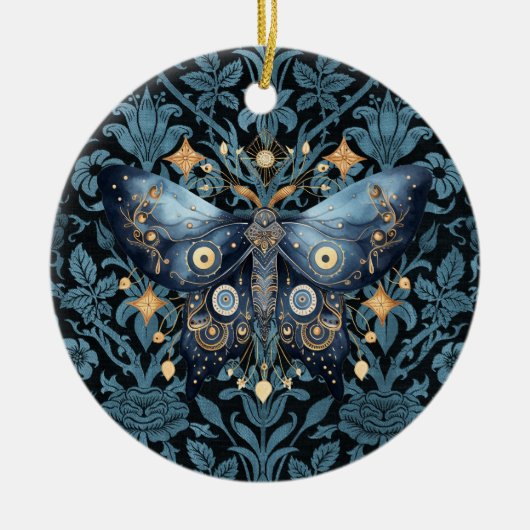 Mystieke Waterverf Blauwe en Gouden Nachtmot Keramisch Ornament (Voorkant)