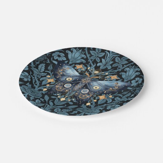 Mystieke Waterverf Blauwe en Gouden Nachtmot Papieren Bordje (Gekanteld)