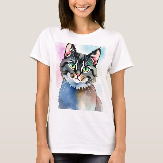 Mystieke Waterverf Kat T-shirt voor Vrouwen – Drom (Voorkant)