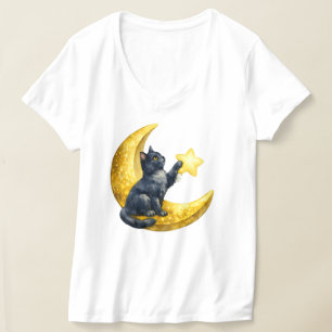 Mystieke waterverf zwarte kat op gouden halve maan t-shirt