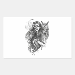 Mystieke Wiccan Heks & Uil Donkere Folklore Vinyl Rechthoekige Sticker