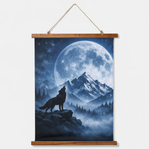 Mystieke Wilderniswolf Onder Maan Hangend Wandkleed