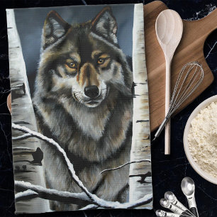 Mystieke Winter Alpha Wolf Berkenbos Wilde Dieren Theedoek