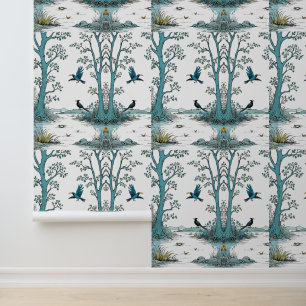 Mystieke Winter Creek met Zwarte Vogels - Natuur Behang