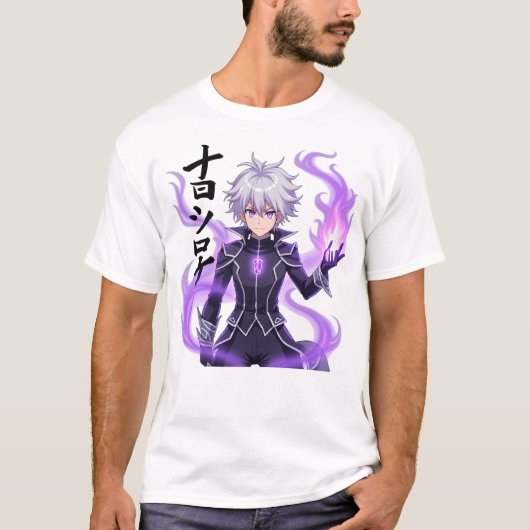 Mystieke witharige anime tovenaar met Paarse T-shirt (Voorkant)