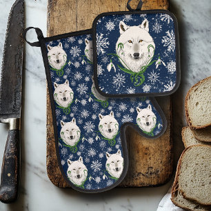 Mystieke Witte Arctische Wolf Winter Sneeuwklokje  Ovenwant & Pannenlap Set