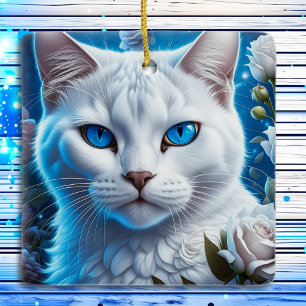 Mystieke Witte Kat met Blauwe Ogen Kerstmis Keramisch Ornament