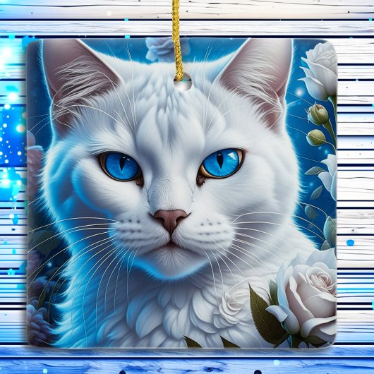 Mystieke Witte Kat met Blauwe Ogen Kerstmis Keramisch Ornament
