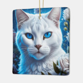 Mystieke Witte Kat met Blauwe Ogen Kerstmis Keramisch Ornament (Links)