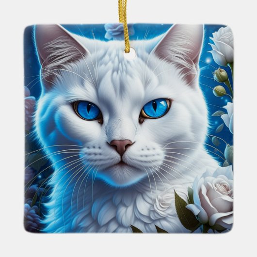 Mystieke Witte Kat met Blauwe Ogen Kerstmis Keramisch Ornament (Voorkant)