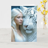 Mystieke Witte Tijger en Vrouw Magische Verjaardag Kaart (Gele Bloem)