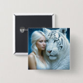 Mystieke witte tijger en vrouw vierkante button 5,1 cm (Voorkant /achterkant)