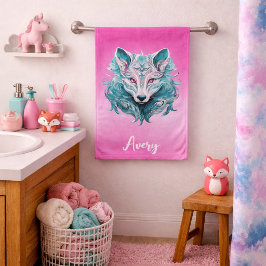 Mystieke Wolf | Elegante Turquoise & Roze Wolf  Bad Handdoek