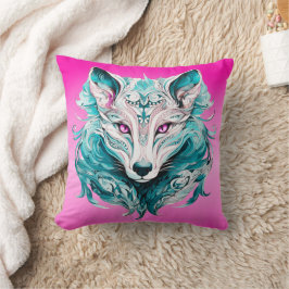 Mystieke wolf | Elegante turquoise & roze wolf Kussen