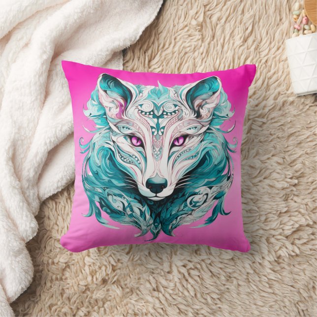 Mystieke wolf | Elegante turquoise & roze wolf Kussen (Deken)