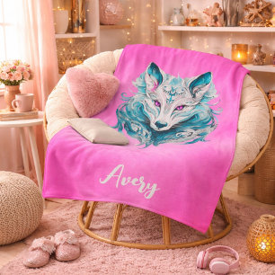 Mystieke Wolf   Elegante Turquoise & Roze Wolf  Sherpa Deken