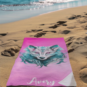 Mystieke Wolf   Elegante Turquoise & Roze Wolf  Strandlaken