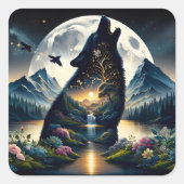 Mystieke Wolf Howling bij Moon Surreal Air Art Vierkante Sticker (Voorkant)